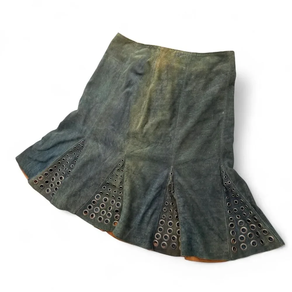 Double D Ranch Grommet Sepia Leather Midi Skirt Grunge Alternative